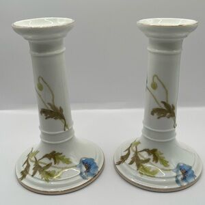 2  LIMOGES Vintage Hand Painted Porcelain Candle Holders Poppy Floral Design